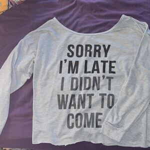 Funny Gray Graphic Sweatshirt. Off the shoulder. Cut off on the bottom.